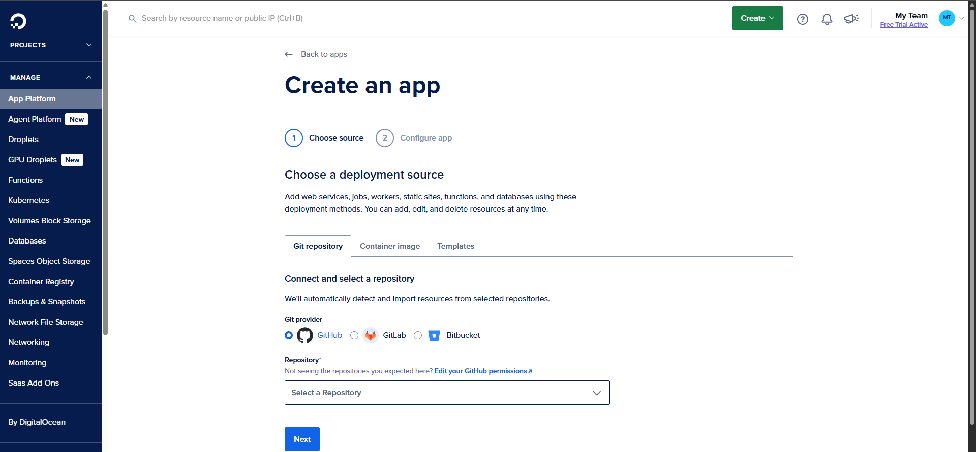 หน้าจอการตั้งค่าบน DigitalOcean App Platform